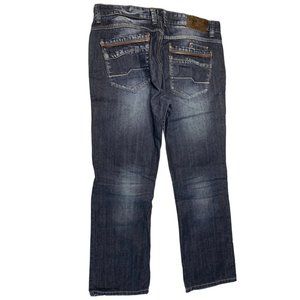 RNZ Denim Mens Size 38x30 Straight Leg Jeans Leather trim on back pocket Dark De